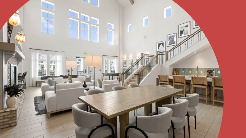 Interior view of a lounge area at Lakehouse on Wylie in Charlotte, North Carolina.