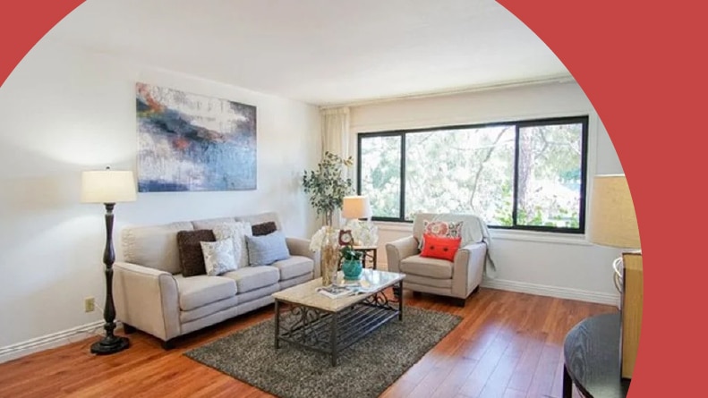 Interior view of a living room in a home at Menlo Commons in Menlo Park, California.