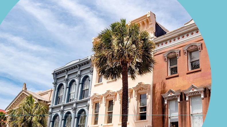Colorful row of houses on Broad Street in the historical district of Charleston, South Carolina.