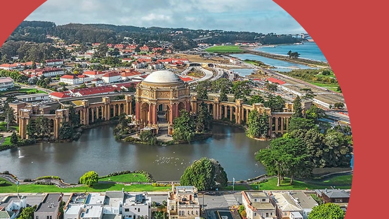 Aerial view of the Palace of Fine Arts in San Francisco, California.
