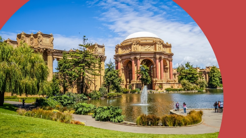 The fountain and grounds outside the Palace of Fine Arts in San Francisco, California.