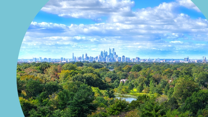 Aerial view of a forest with the Philadelphia skyline in the distance.