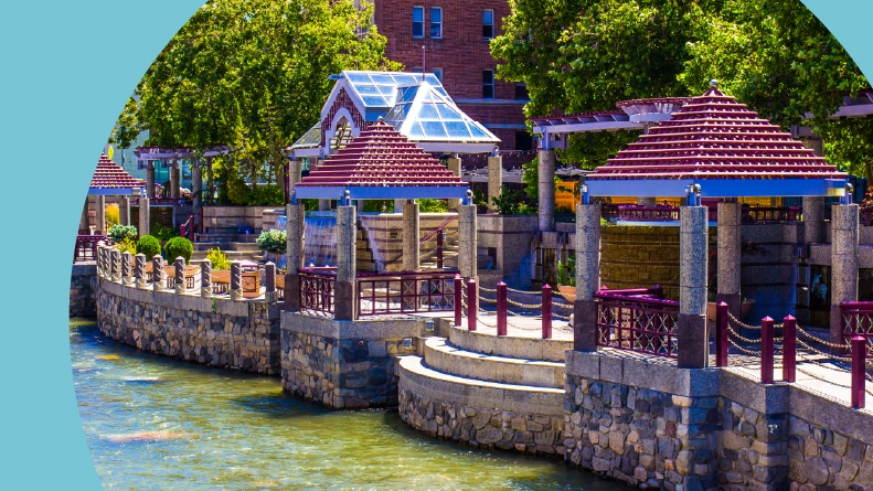 The riverwalk on a sunny day in Downtown Reno, Nevada.