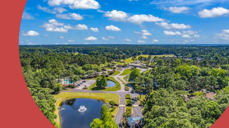 Aerial view of the entrance and grounds of River Club in Pawleys Island, South Carolina.