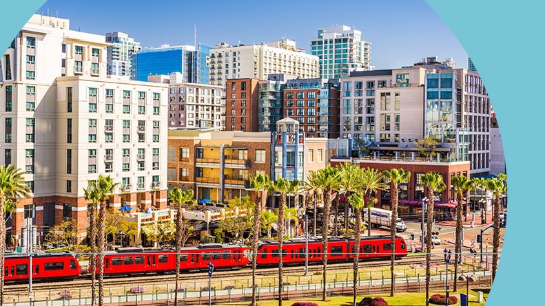 View of the Gaslamp Quarter in San Diego on a sunny day.