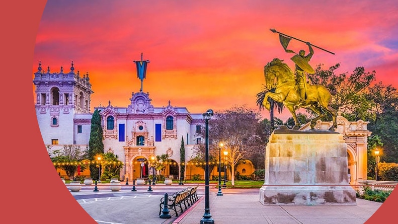 A statue in a park at sunset in San Diego, California.