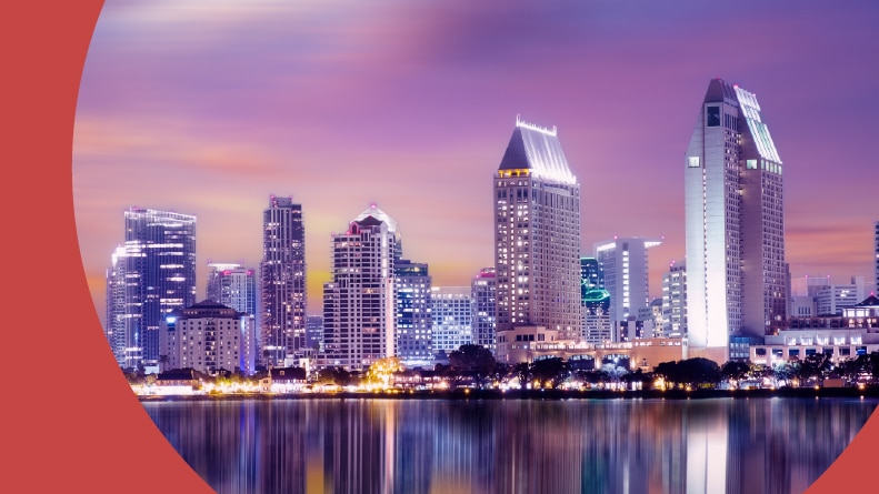 View from across the water of the San Diego skyline.