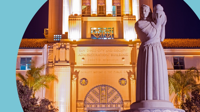 The San Diego City and County Administration Building and the "Guardian of Water" Sculpture.