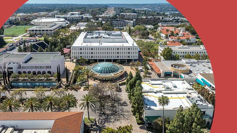 Aerial view of the San Diego State University campus.