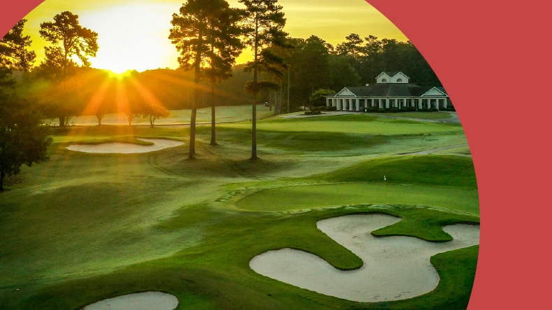 Aerial view of the golf course at Savannah Lakes Village in McCormick, South Carolina.