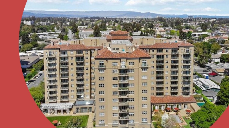 Aerial view of a residential building at The Peninsula Regent in San Mateo, California.