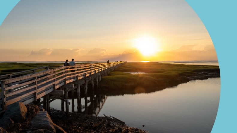 Sunset on a bridge in Cape Cod, Massachusetts.