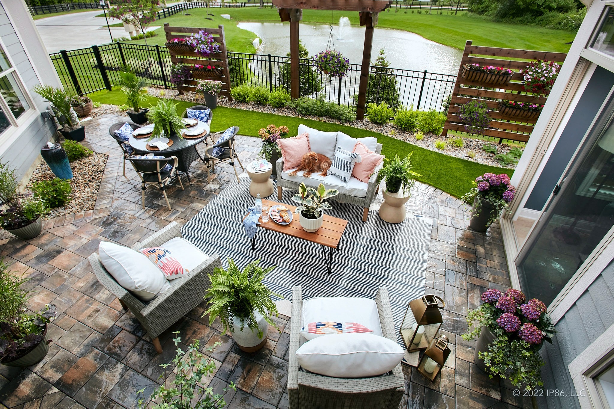 Private patio with pond views