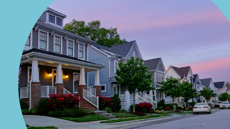New houses on a quiet street in Raleigh, North Carolina.