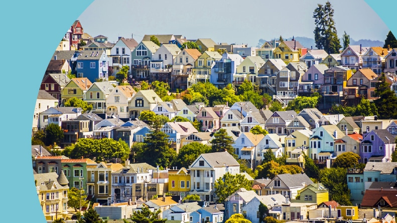 Urban houses on a hill in San Francisco, California.