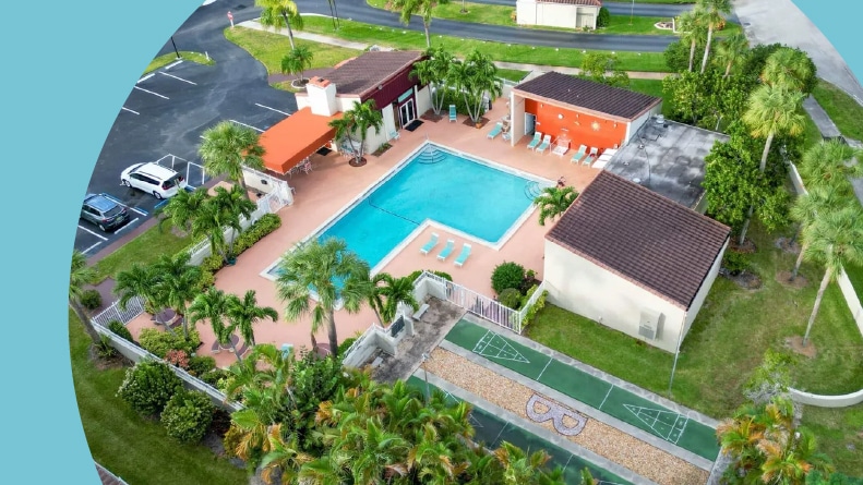 Aerial view of the outdoor pool and amenities at Boundbrook in West Palm Beach, Florida.