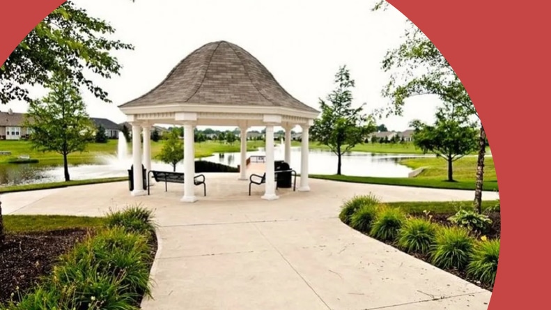 A gazebo beside a pond and walking paths on the grounds of Bridgewater in Brownstown, Michigan.