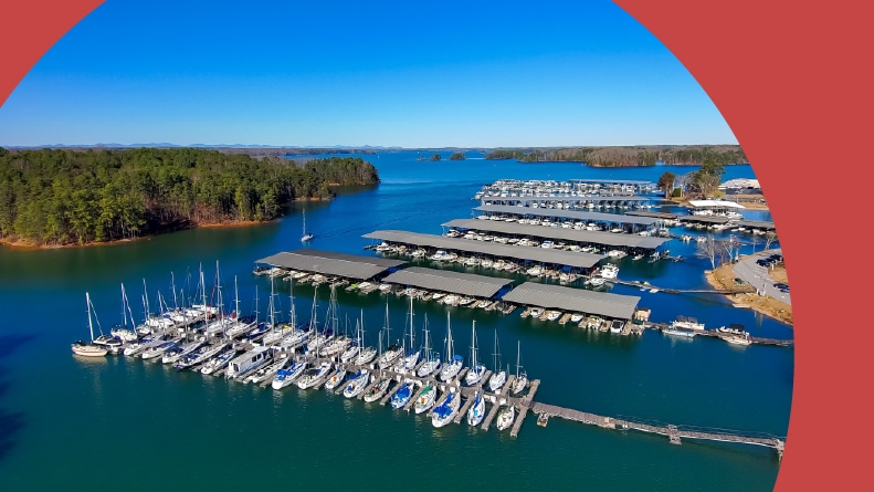 Boats and yachts docked in the marina on Lake Lanier in Cummings, Georgia.