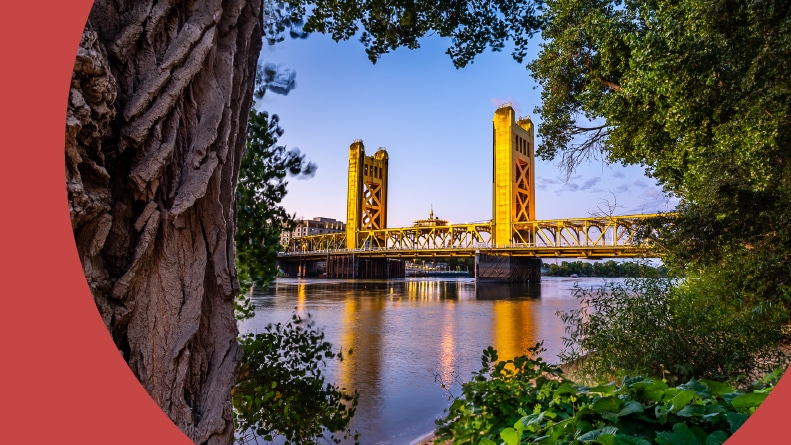 Dawn over the landmarks of West Sacramento.