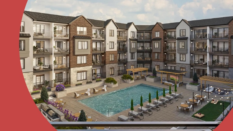 Rendering of the outdoor pool in the courtyard amenity space at Encore at Bishop Heights in Lincoln, Nebraska.