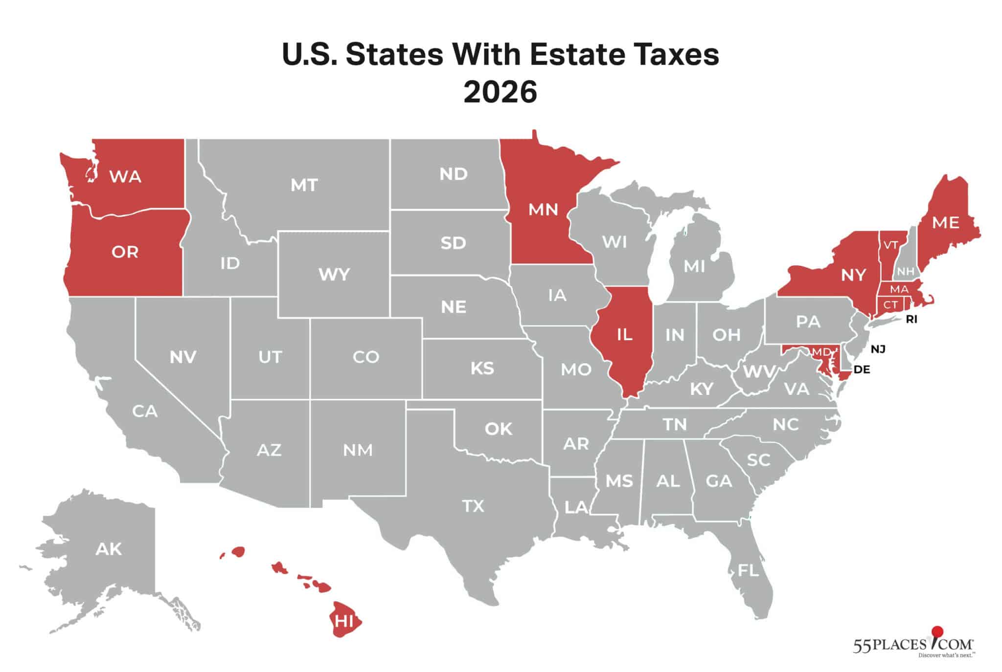 An map of the U.S. states with estate taxes in 2026.