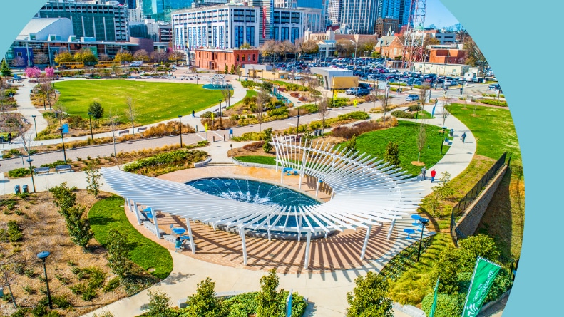 Aerial view of First Ward Park in Charlotte, North Carolina.