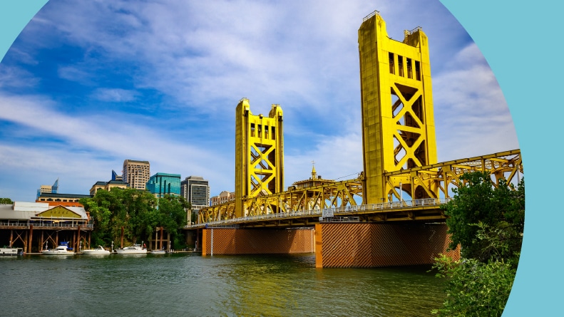 Gold Tower Bridge and Sacramento River in Sacramento, California.