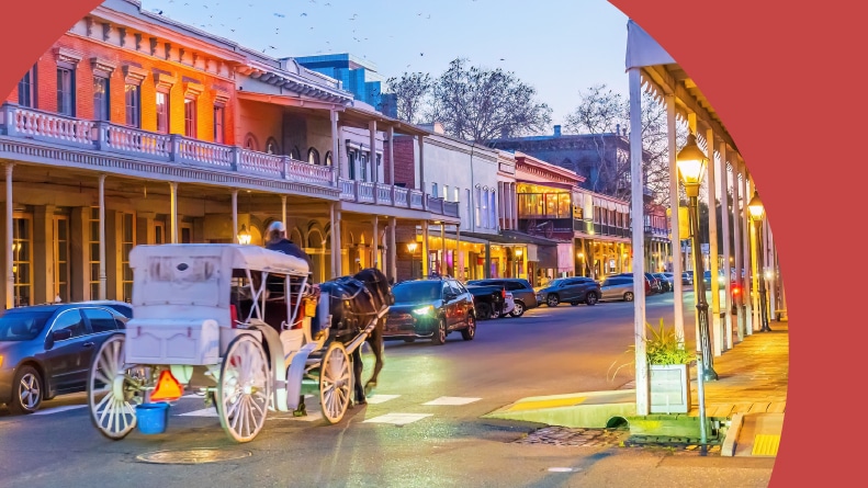 Historic old town of Sacramento, California at twilight.