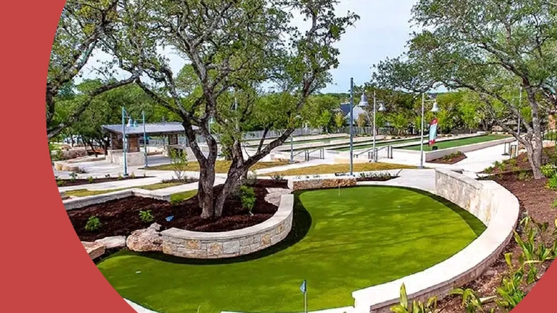 Landscaped putting greens with terraces at Kissing Tree in San Marcos, Texas.