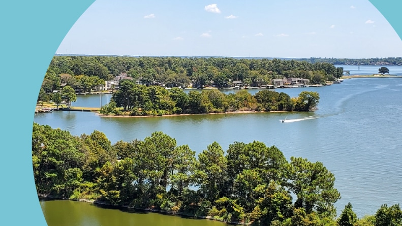 Aerial view of Lake Conroe, Texas on a sunny day.