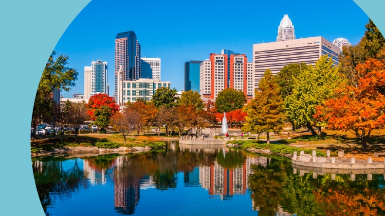 The Charlotte city skyline from Marshall Park in autumn with a blue sky.