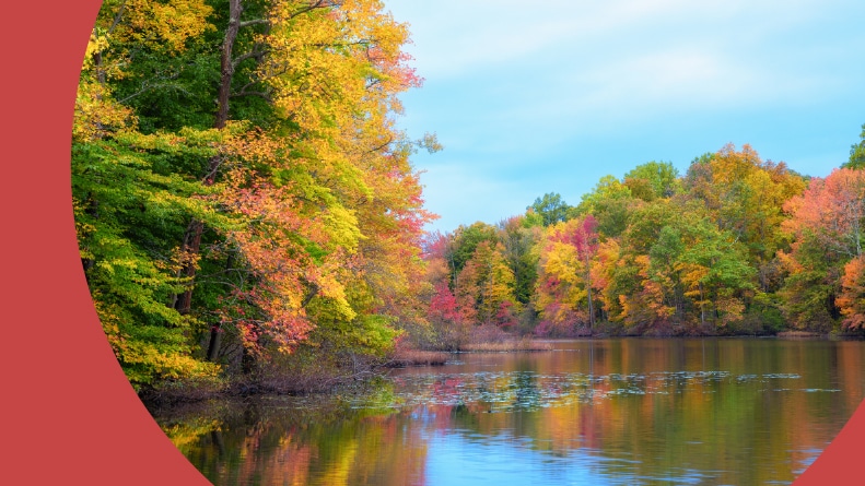 Fall foliage along Davidson's Mill Pond in North Brunswick, New Jersey.