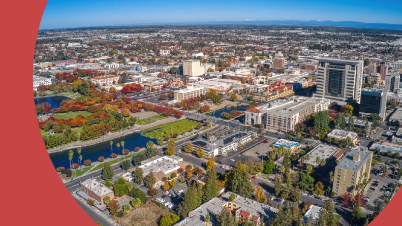 Aerial view of Stockton, California during autumn.