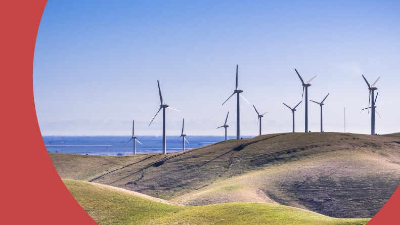 Wind turbines on the hills of east San Francisco bay in Stockton Valley, California.