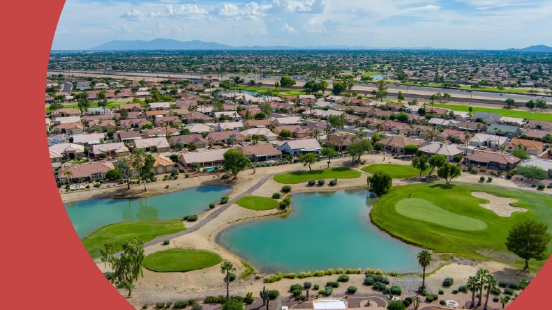 Aerial view of the homes and amenities at Sun City West in Sun City West, Arizona.