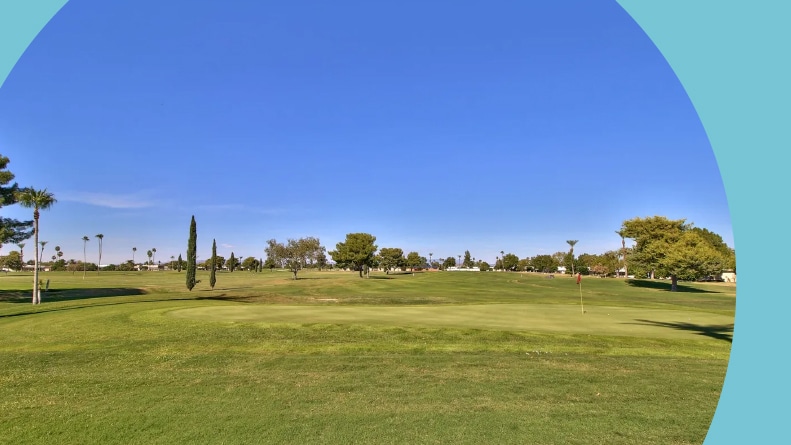 A golf course at Sun City in Sun City, Arizona on a sunny day.
