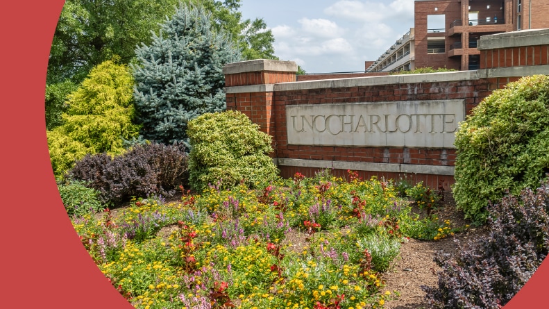 A brick wall with a sign for the University of North Carolina at Charlotte in Charlotte, North Carolina.