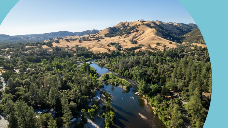 Aerial view of a river in Sacramento, California.