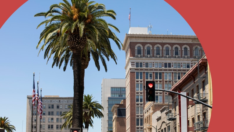 Daytime view of the downtown city center of Stockton, California.