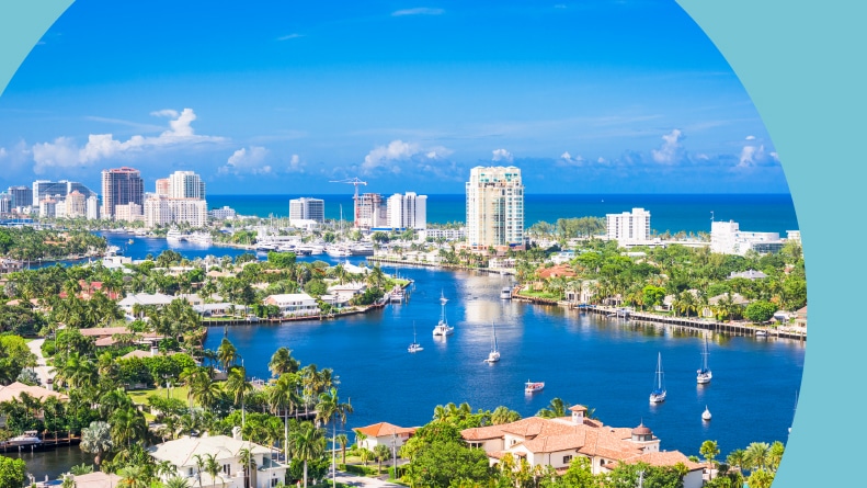 Aerial view of the Fort Lauderdale, Florida skyline over Barrier Island.