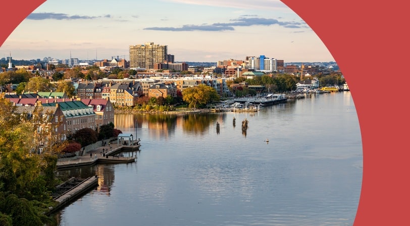 Aerial view of the historic city of Alexandria and the waterfront property along the Potomac River in northern Virginia.