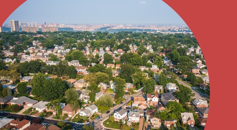 Aerial of Fort Lee, New Jersey with the New York City skyline in the background.