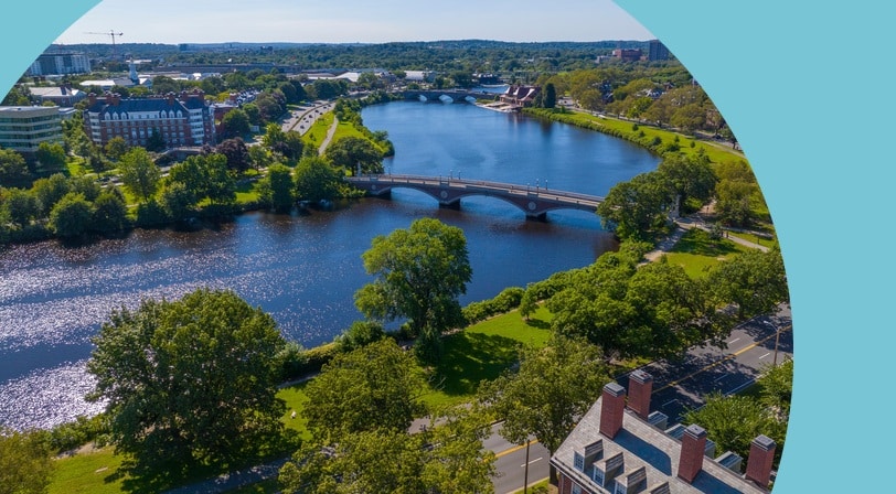Aerial view of the bridge across the Charles River, connecting Harvard University in Cambridge and Boston, Massachusetts.