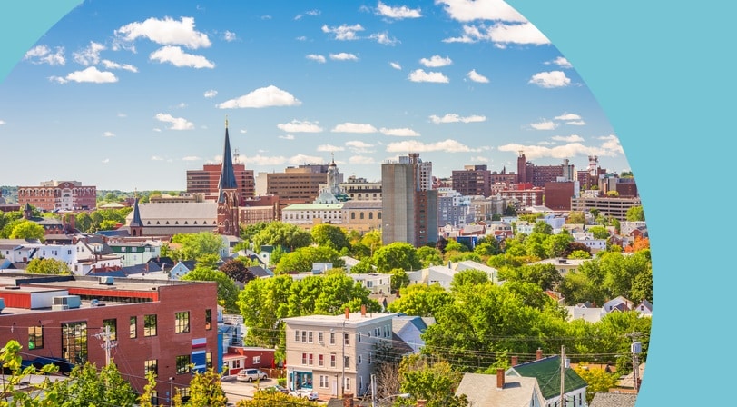 The downtown city skyline of Portland, Maine in the afternoon.