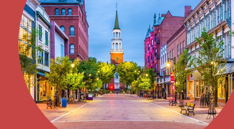 Church Street Marketplace in Burlington, Vermont at dusk.