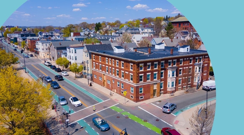 Aerial view of the Somerville city center in Massachusetts.