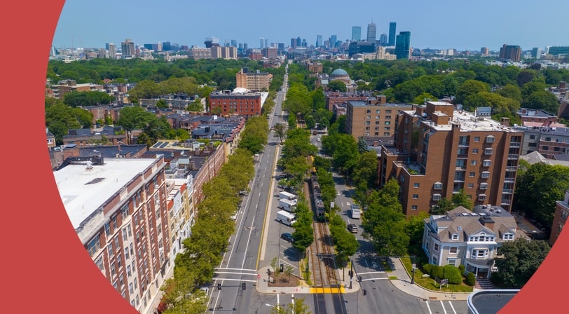 Aerial view of Beacon Avenue in Brookline near Boston, Massachusetts.