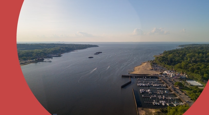 Aerial view of Hempstead harbor on Long Island at sunset.