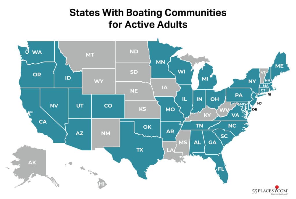 Map of the USA with states that offering active adult communities with boating highlighted.