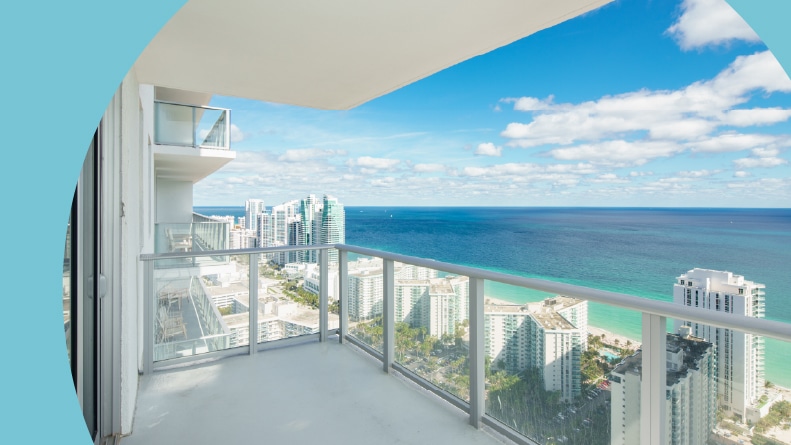 View of the ocean from a luxury apartment building.